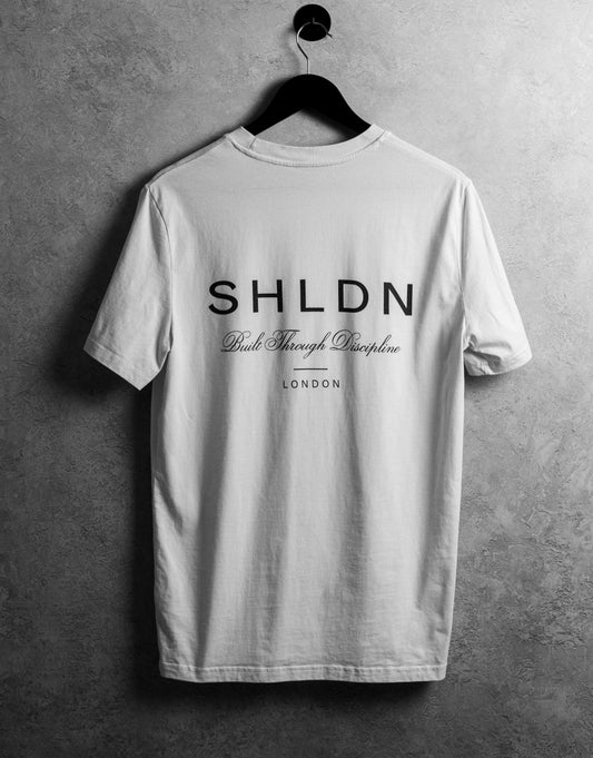 SHLDN Organic Built Through Discipline T-shirt in White, 100% organic cotton
