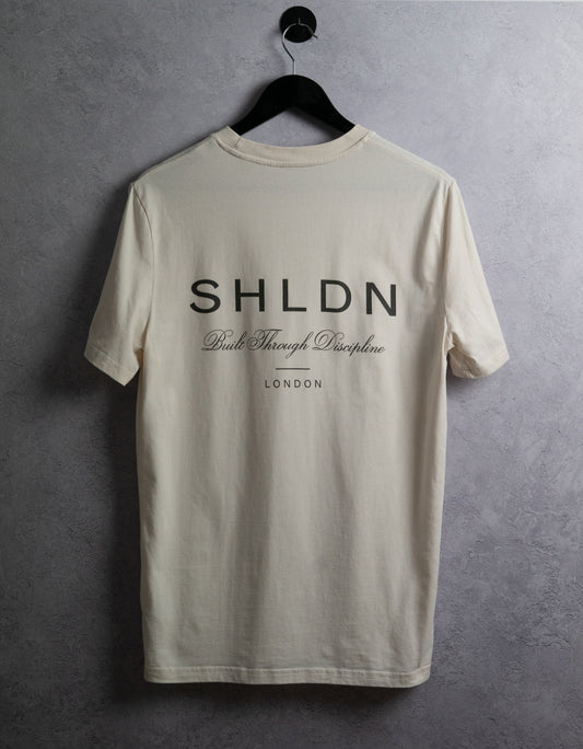 SHLDN Organic Built Through Discipline T-shirt in Vintage White, 100% organic cotton